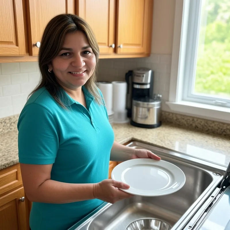 Arleth at the dishwasher after dinner