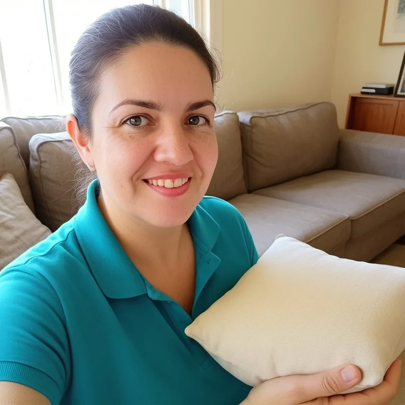 Sandra plumping a cushion in a tidy living room