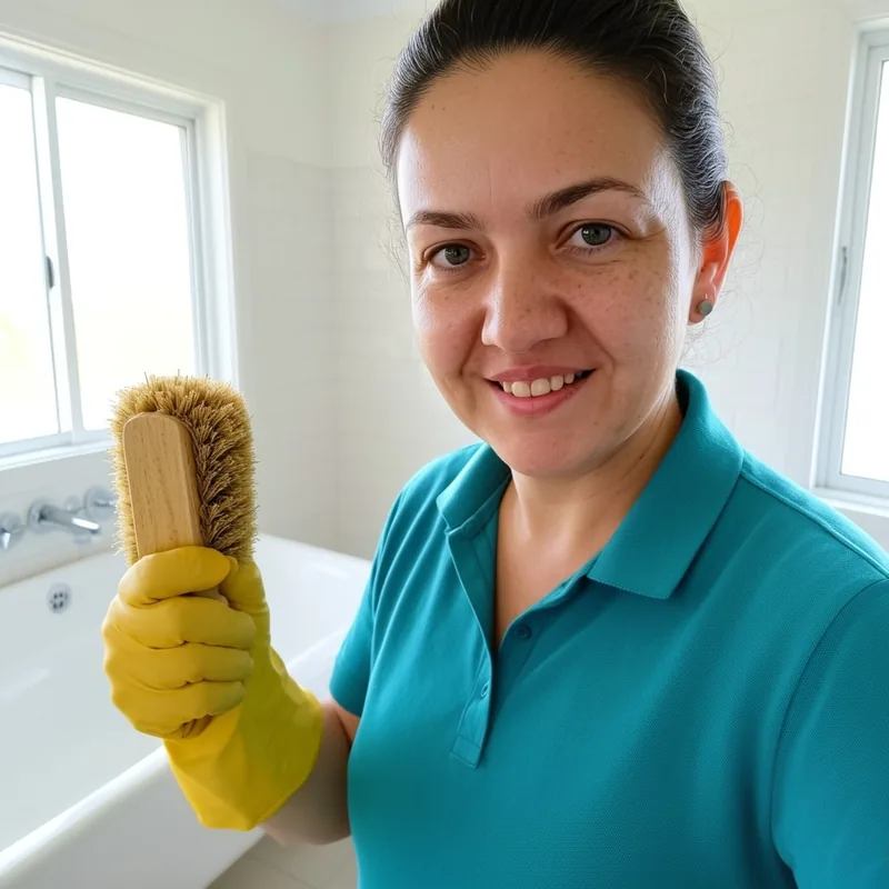 Sandra deep cleaning a bathroom with a scrub brush