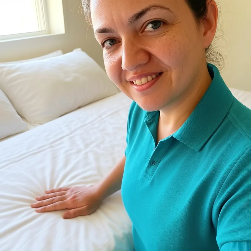 Sandra beside a freshly made bed