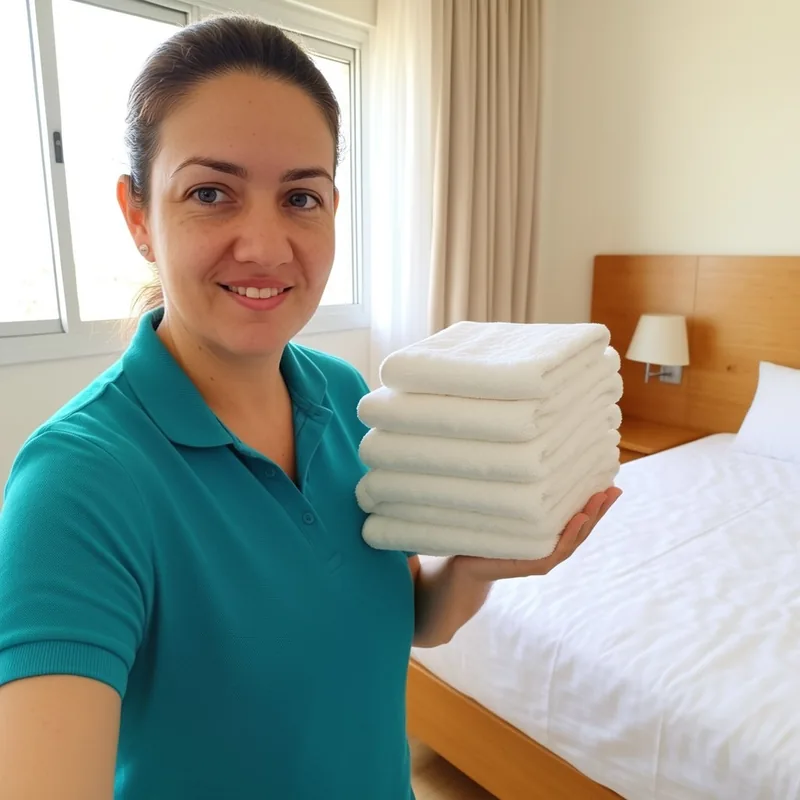 Sandra with fresh towels beside a made bed in a rental bedroom