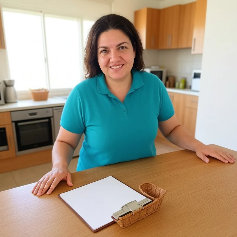 Sandra at a rental kitchen counter with a checklist and keys