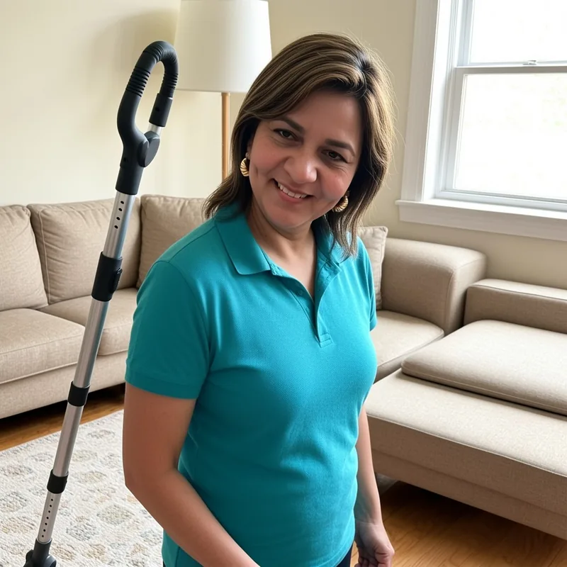 Arleth with a vacuum in a rental living room